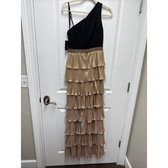 Mac Duggal Sz 4 26541 One Shoulder Gold Black Layered Ruffle Tiered Dress Gown - Picture 9 of 12